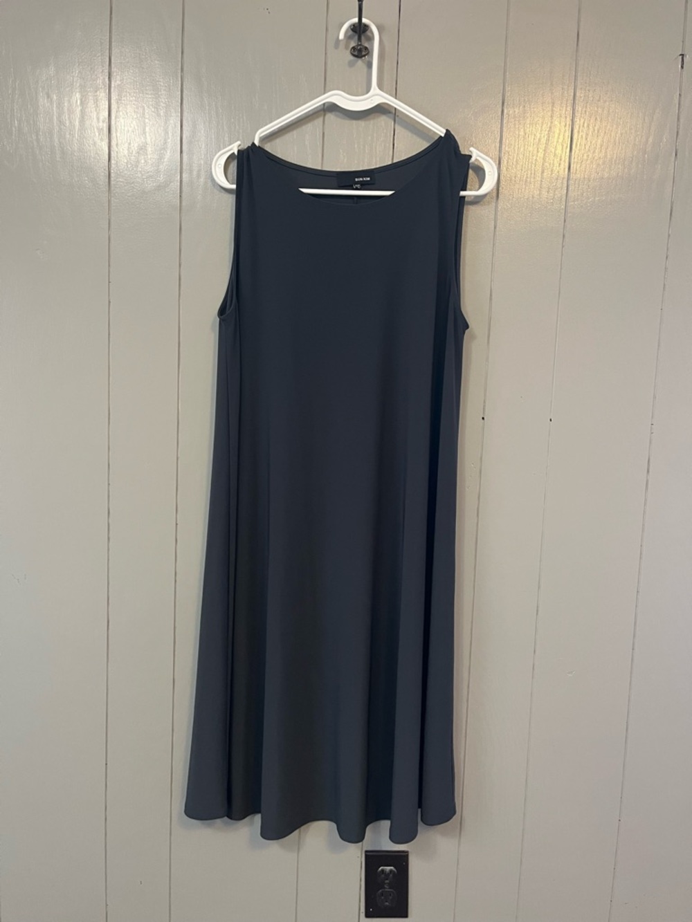 Sun Kim Women L Gray/Green Knit A-Line Sleeveless Dress Stretch Made in USA